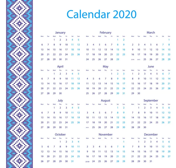Wektor kalendarz 2020 z haftem w projektowaniu — Wektor stockowy