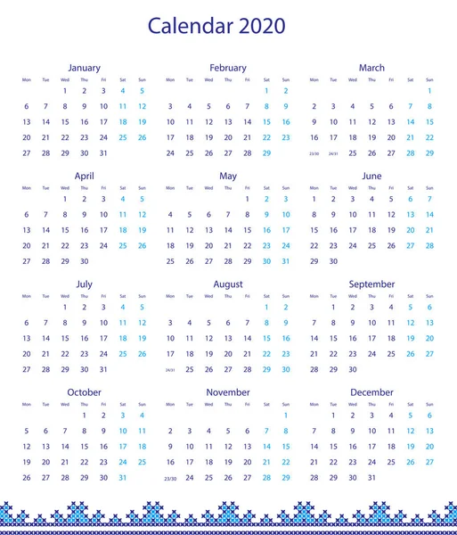 Calendario vectorial 2020 con bordado en diseño — Vector de stock