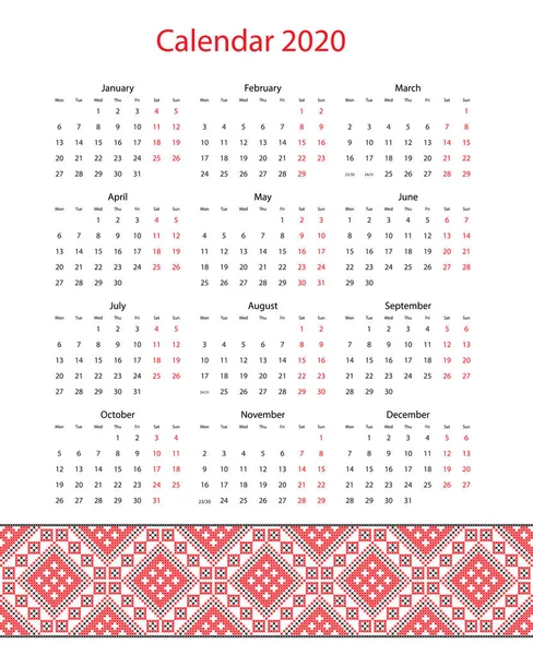 Calendario vectorial 2020 con bordado en diseño — Vector de stock