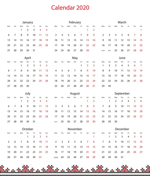 Calendario vectorial 2020 con bordado en diseño — Vector de stock