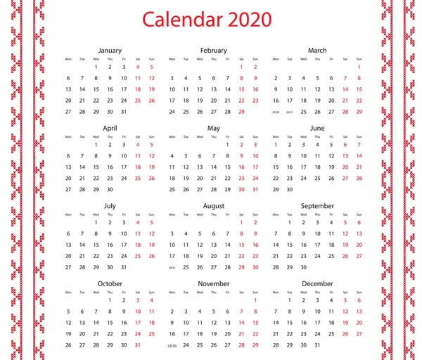 Calendario vectorial 2020 con bordado en diseño — Vector de stock