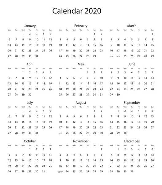 Calendario 2019 2020 año - ilustración vectorial. La semana comienza el lunes — Archivo Imágenes Vectoriales