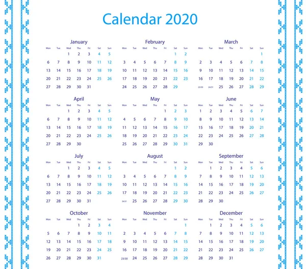 Calendario vectorial 2020 con bordado en diseño — Vector de stock