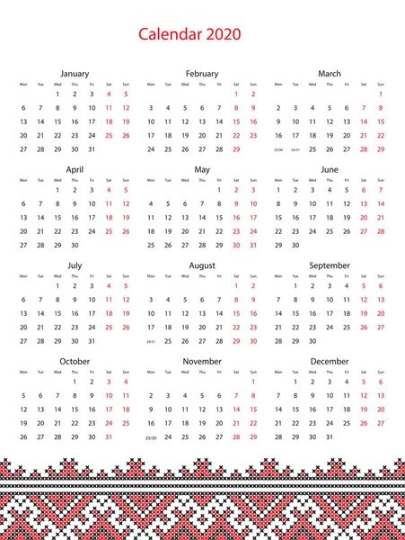 Calendario vectorial 2020 con bordado en diseño — Vector de stock