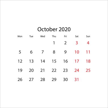 Takvim 2020 yıl - vektör illüstrasyon. Hafta Pazartesi günü başlar