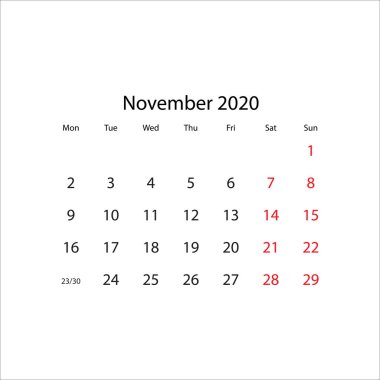 Takvim 2020 yıl - vektör illüstrasyon. Hafta Pazartesi günü başlar