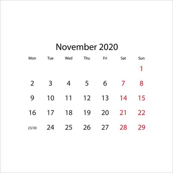 Calendar 2020 year - vector illustration. Week starts on Monday — Stock Vector