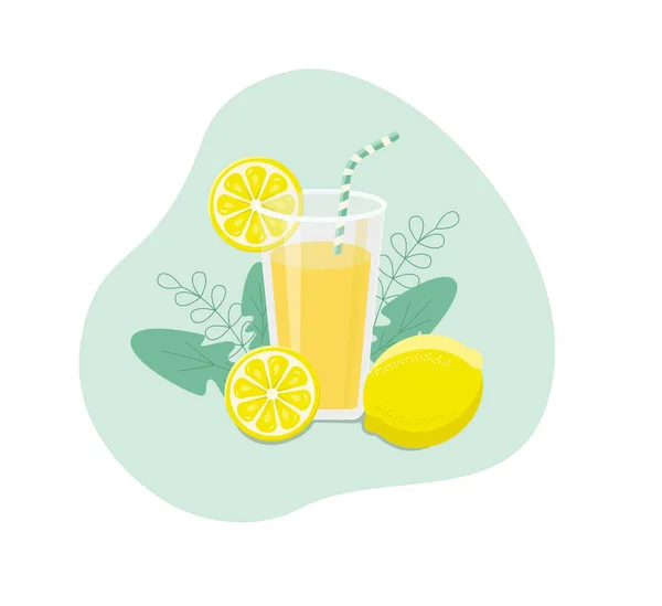 Illustration Rafraîchissante Limonade Verre Avec Paille Pichet Avec Citrons Glaçons — Image vectorielle