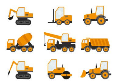 İnşaat İzli Kusursuz Desen: Dipper, Bulldozer, Traktör, Kazıcı, Beton Karıştırıcı. Düz Vektör İllüstrasyonu. eps