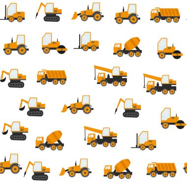 İnşaat İzli Kusursuz Desen: Dipper, Bulldozer, Traktör, Kazıcı, Beton Karıştırıcı. Düz Vektör İllüstrasyonu. eps