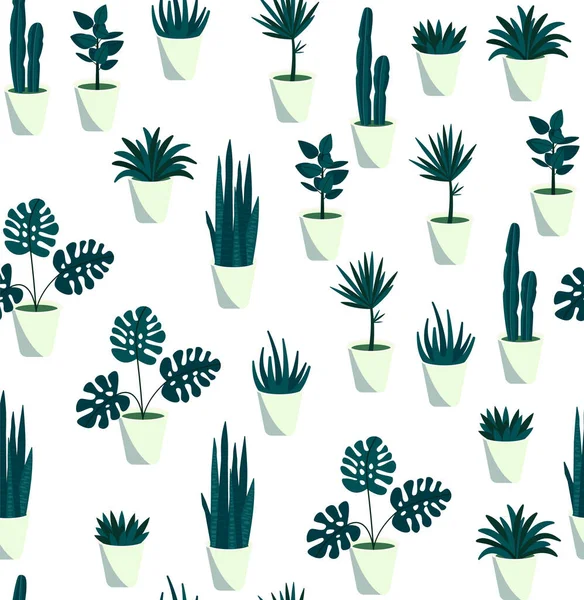 Patrón sin costuras de las plantas domésticas. Ilustración vectorial repetitiva de varias plantas de interior abstractas sobre fondo transparente. — Archivo Imágenes Vectoriales