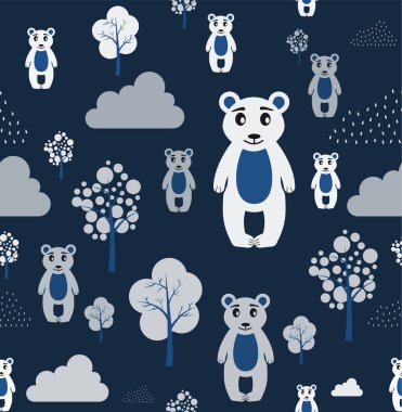 Vektör İskandinav deseni. Hayvanlar, ayı wigwam dağları.