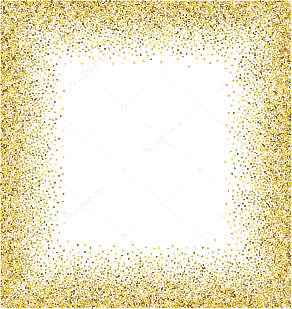 Golden splash or glittering spangles frame with empty center for text. Golden glittering circle made of tiny round dots on white background. Vector illustration EPS