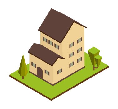 Beyaz arka planda Isometric bir ev. Ev, gayrimenkul ya da kira illüstrasyonu. İzometrik perspektifte özel bir ev. eps