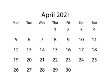 Beyaz arkaplanda 2021 Nisan ayı için vektör takvimi