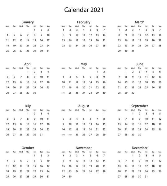 2021 Calendario Anual Meses Calendario Anual — Vector de stock