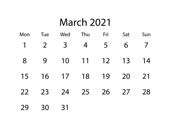 Calendario Vectorial Para Mes Marsh 2021 Sobre Fondo Blanco Eps — Vector de stock