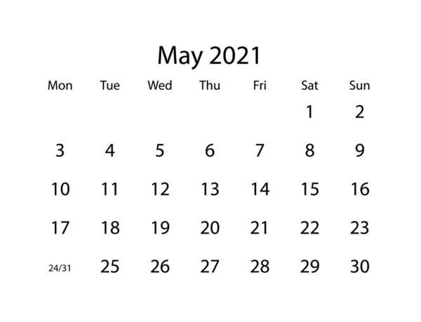 Calendario Vectorial Del Mes Mayo 2021 Sobre Fondo Blanco — Vector de stock