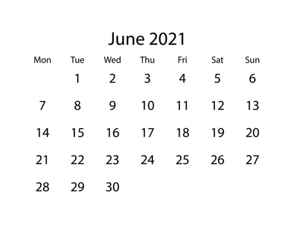 Calendario Vectorial Del Mes Junio 2021 Sobre Fondo Blanco — Vector de stock