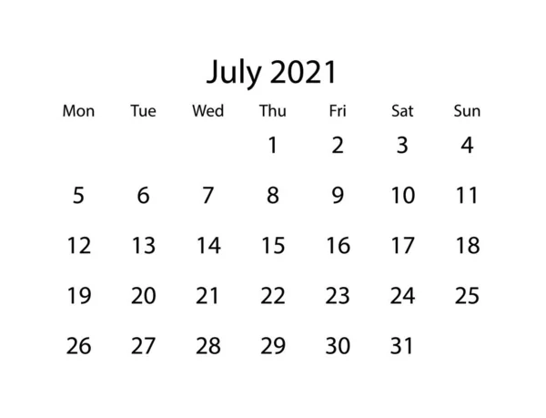 Calendario Vectorial Del Mes Julio 2021 Sobre Fondo Blanco — Vector de stock
