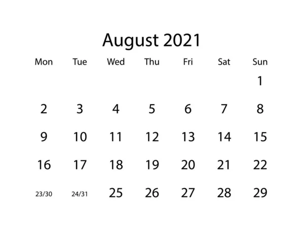 Calendario Vectorial Del Mes Agosto 2021 Sobre Fondo Blanco — Vector de stock