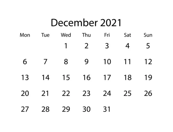 Calendario Vectorial Del Mes Diciembre 2021 Sobre Fondo Blanco — Vector de stock