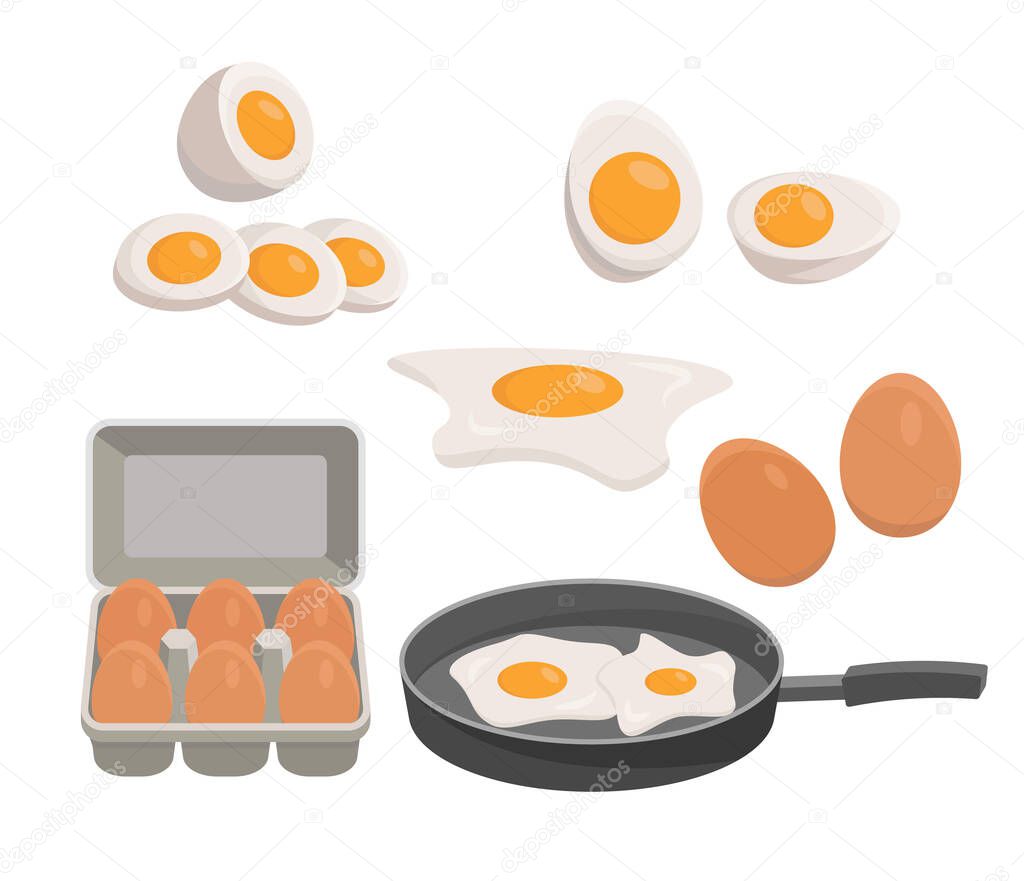 Eggs Set, boiled egg, fried egg in a pan, Eggs in a box. Healthy Organic Food Vector Illustration. eps