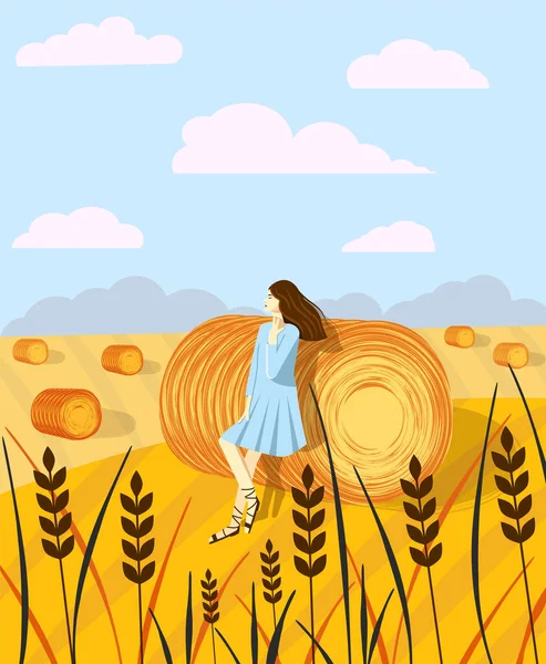 Mädchen Der Hintergrundlandschaft Mit Heuhaufen Auf Feldern Landschaft Des Ländlichen — Stockvektor