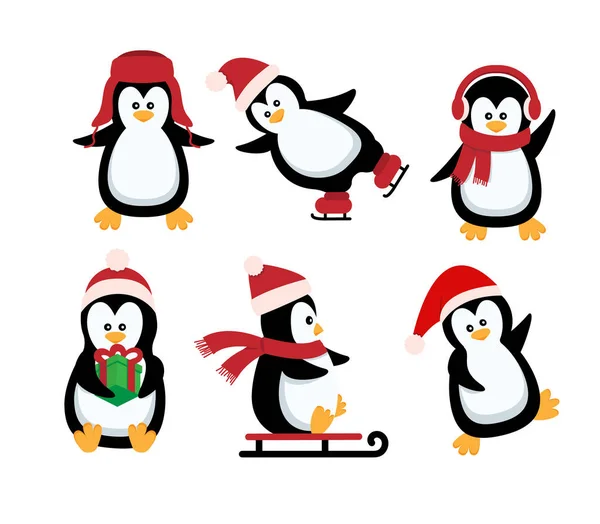 Pingüino Navidad Animales Nieve Divertidos Lindos Pingüinos Bebé Personajes Dibujos — Archivo Imágenes Vectoriales