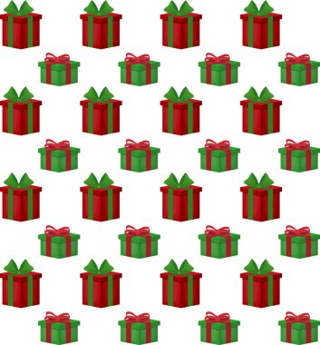 Yılbaşı hediye kutuları vektör desenli. Fiyonklu hediye kutularıyla kusursuz bir arka plan. Tebrik kartları, davetiyeler, posterler için illüstrasyon. eps