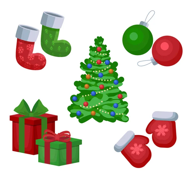 Kerstgroeten Set Met Geïsoleerde Decoratieve Winter Objecten Kerstballen Speelgoed Geschenkdozen — Stockvector