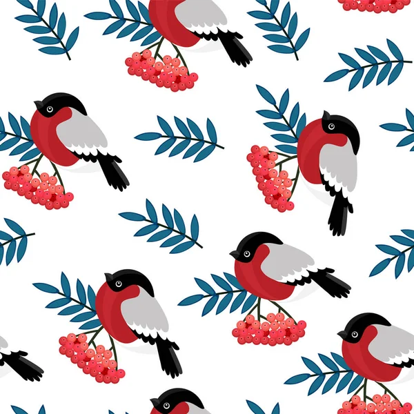 Nahtloses Muster Mit Roten Vogelbeeren Und Gimpeln Vektorillustration Auf Weißem — Stockvektor
