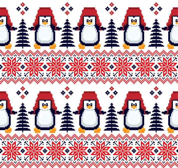 Píxel Padrão Natal Ano Novo Pinguins Ilustração Vetorial Eps — Vetor de Stock