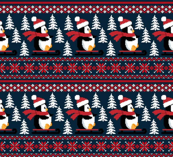 Píxel Padrão Natal Ano Novo Pinguins Ilustração Vetorial Eps — Vetor de Stock