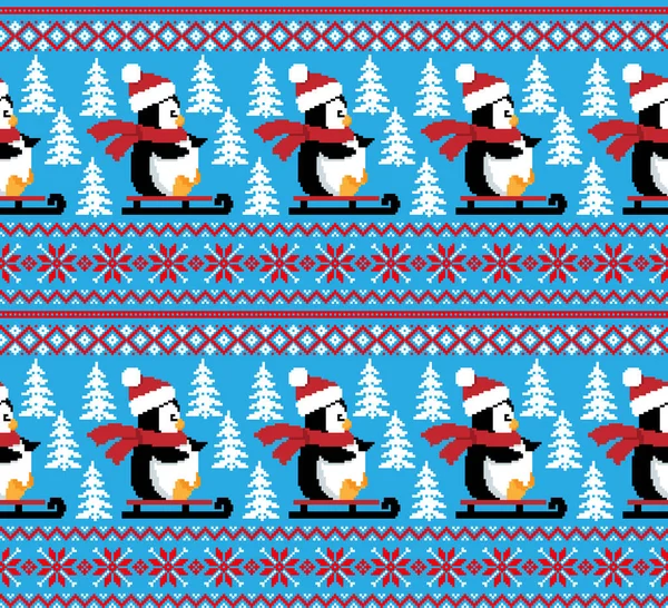 Píxel Padrão Natal Ano Novo Pinguins Ilustração Vetorial Eps — Vetor de Stock