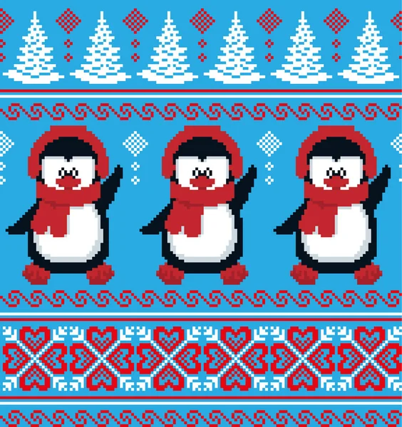 Nyår Jul Mönster Pixel Pingviner Vektor Illustration Eps — Stock vektor