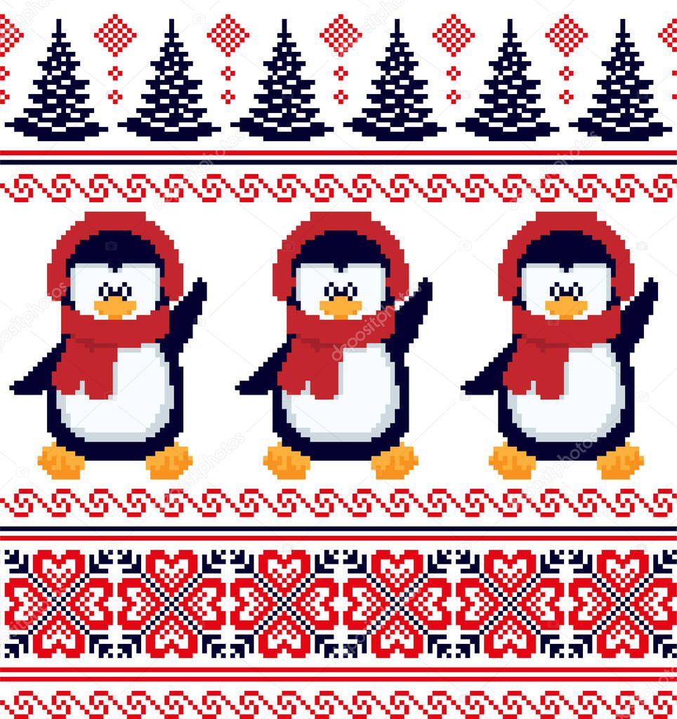 New Year's Christmas pattern pixel in penguins vector illustration EPS