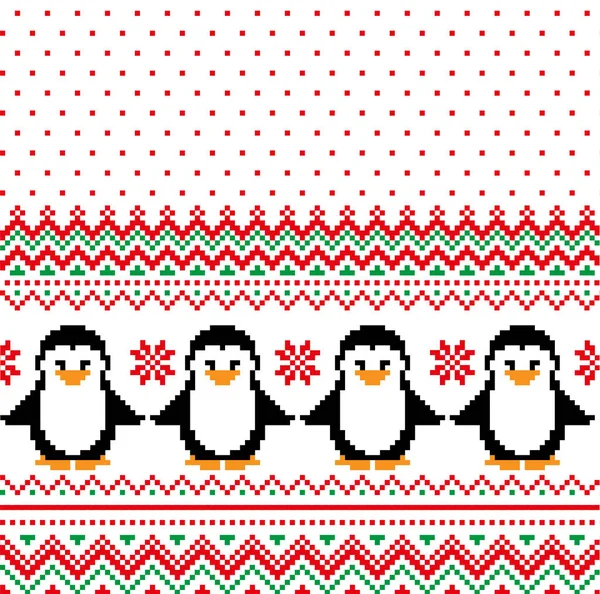 Nyår Jul mönster pixel med pingviner vektor illustration — Stock vektor