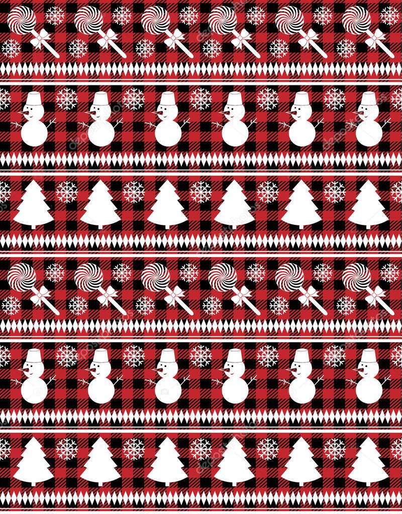 Buffalo plaid Christmas Jingle Bells on the background of the music page. Festive seamless pattern. Vector illustration. eps
