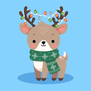 Garland vektör illüstrasyonlu şirin Noel Geyiği. Geyik yeşil bir eşarp takıyor, beyaz kar taneleriyle, rahat bir kış hissi yaratıyor. Noel kartları, afişler ve kış projeleri için ideal.