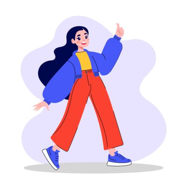 Mutlu, gülümseyen bir kadın, güzel bir jest gibi. Neşeli bir kadının baş parmak hareketi gösteren vektör çizimi. Olumlu mesajlaşma, reklamlar, sosyal medya paylaşımları ve tanıtım içeriği için ideal.