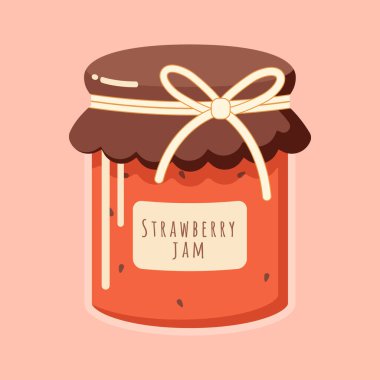 Reçel kavanozu çizimi. Üzerinde şirin bir kurdele olan çilek reçeli kavanozu. Mutfak çizimleri, ev yapımı yemekler ya da sonbahar hasat temaları için mükemmel..