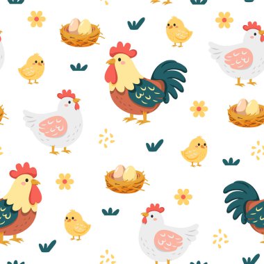 Beyaz arka planda tavuk ailesi desenli vektör çizimi. Horozların, tavukların, civcivlerin, yumurtalı yuvaların ve çiçeklerin yer aldığı desen. Çocuk tasarımları ve çiftlik temalı projeler için mükemmel..