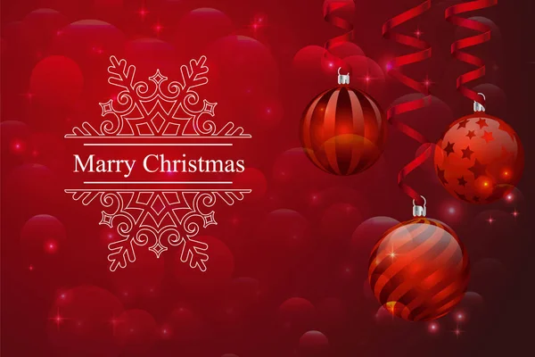 メリー クリスマス赤カード ボール リボン雪 — ストックベクタ