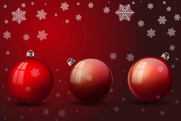 Christmas Bollar Röd Bakgrund Med Snöflingor — Stock vektor