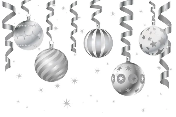 白地に銀のクリスマスとリボン ボール — ストックベクタ