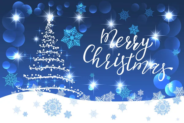 星がきらきら輝く白いもみの木と雪のブルーのクリスマス カード — ストックベクタ