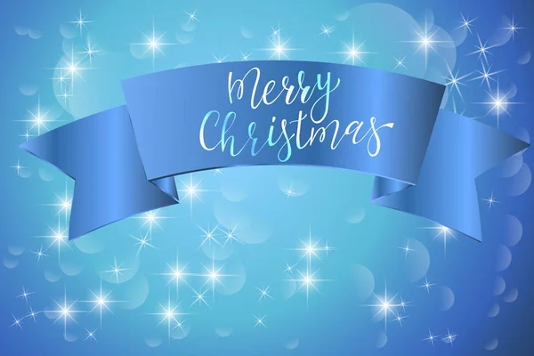 星と華麗な背景に青いサテン リボンのメリー クリスマス碑文 — ストックベクタ