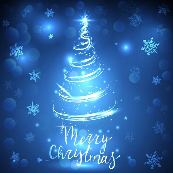 光沢のある青色の背景に白いクリスマス ツリーと雪の結晶と碑文メリー クリスマス — ストックベクタ