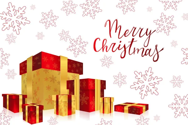 クリスマス カード ゴールドと赤きらびやかなギフト赤い雪の結晶の白い背景の上 カリグラフィック碑文メリー クリスマス — ストックベクタ